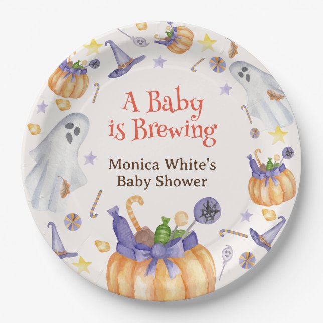 Candy Pumpkin Ghosts Halloween Baby Brewing Shower Paper Plate (Front)