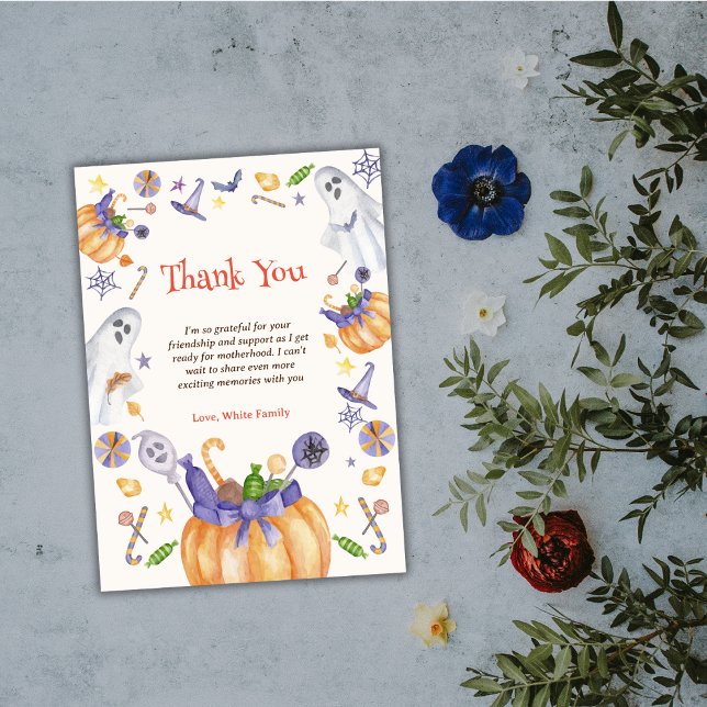 Candy Pumpkin Ghosts Halloween Baby Brewing Shower Thank You Card (Candy Pumpkin Ghosts Halloween Baby Brewing Shower Thank You Card)