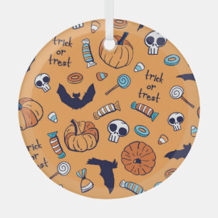 Candy Skull Pumpkin Bat Seamless Pattern. Glass Tree Decoration