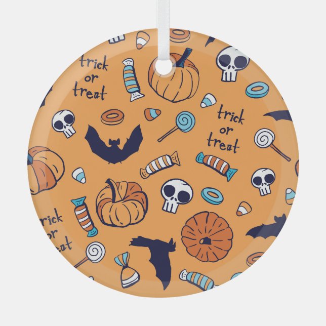 Candy Skull Pumpkin Bat Seamless Pattern. Glass Tree Decoration (Front)