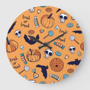 Candy Skull Pumpkin Bat Seamless Pattern. Large Clock