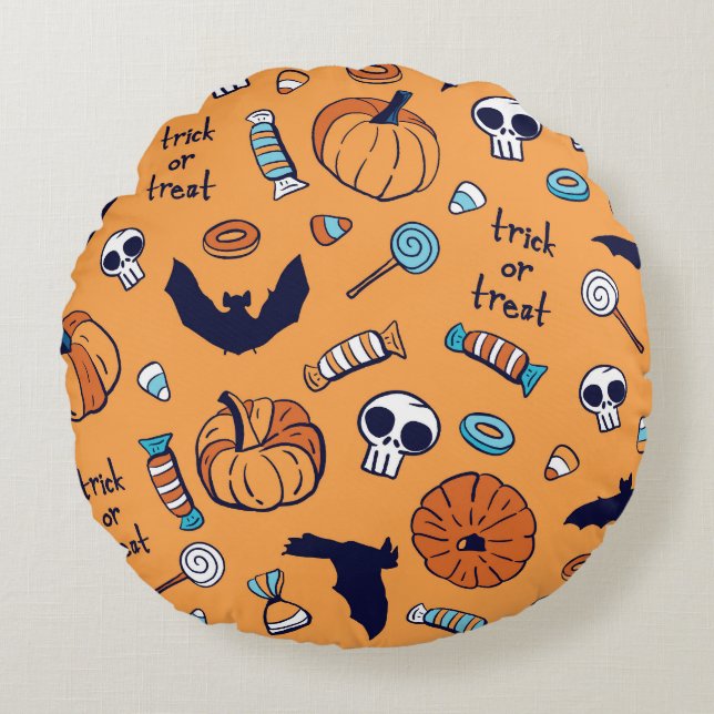 Candy Skull Pumpkin Bat Seamless Pattern. Round Cushion (Front)