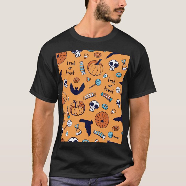 Candy Skull Pumpkin Bat Seamless Pattern. T-Shirt (Front)