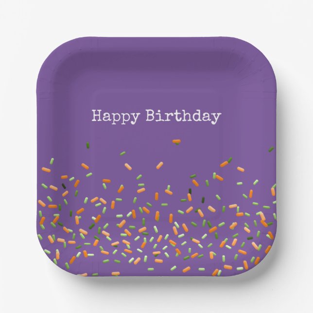 Candy Sprinkles Happy Birthday Orange Green Purple Paper Plate (Front)