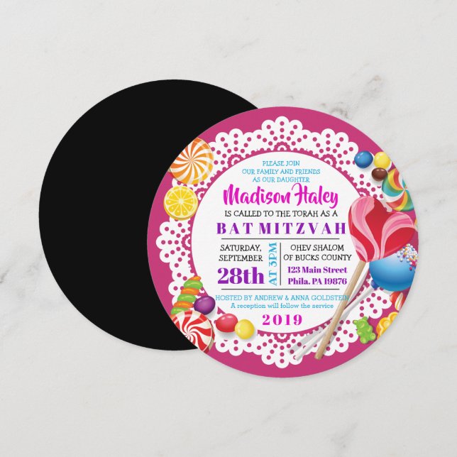 CANDY STORE ROUND Bat Mitzvah Invitation (Front/Back)