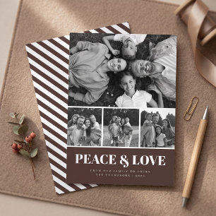 Candy Stripe Peace & Love Photo Collage - Brown Holiday Card