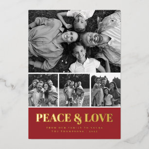 Candy Stripe Peace & Love Photo Collage Foil Holiday Card