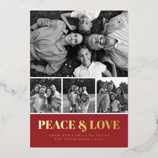 Candy Stripe Peace & Love Photo Collage Foil Holiday Card (Front)