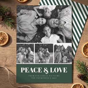 Candy Stripe Peace & Love Photo Collage - Green Holiday Card