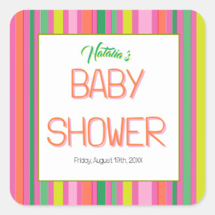 Candy Stripe Pink Colorful Rainbow Baby Shower Square Sticker