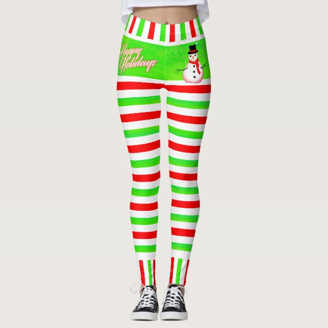 Candy Striped Elf Happy Festive with Snowman Leggings (Front)