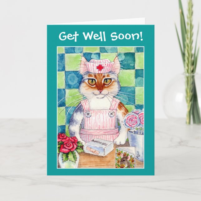 Candy striper nurse cat wishes Get Well Soon! Card (Front)