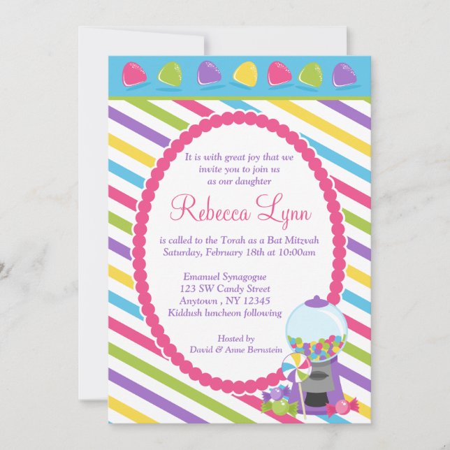 Candy Stripes Bat Mitzvah Invitation (Front)