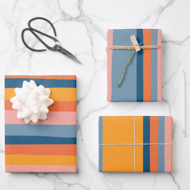 Candy Stripes Colourful Orange Pink Blue Wrapping Paper Sheet (Front)