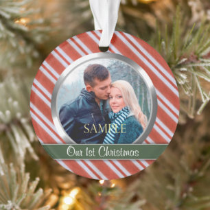 Candy Stripes First Christmas Photo Template Ornament