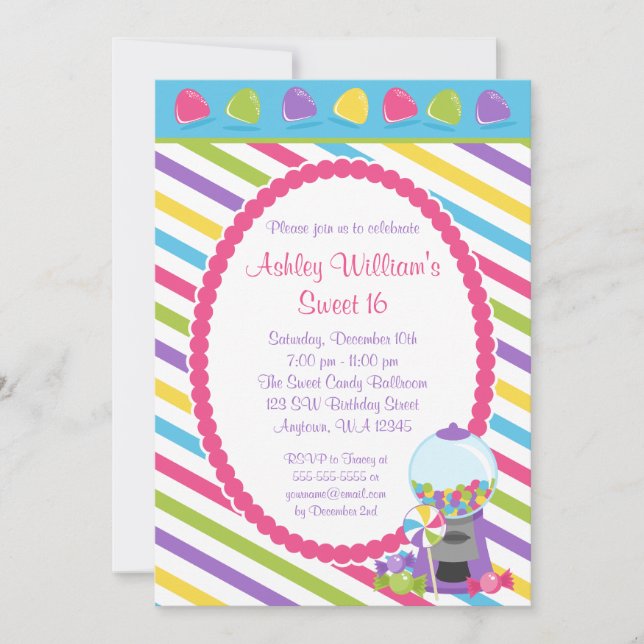 Candy Stripes Sweet 16 Birthday Invitation (Front)