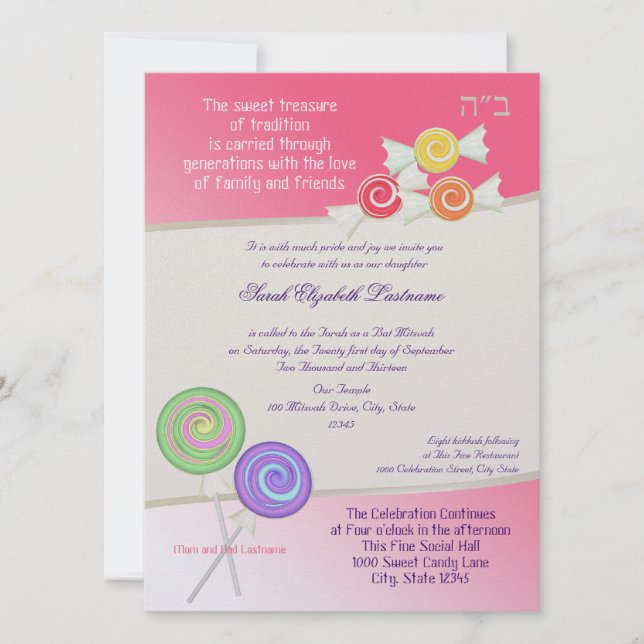 Candy Sweet Bat Mitzvah Watermelon Pink 2 Invitation (Front)