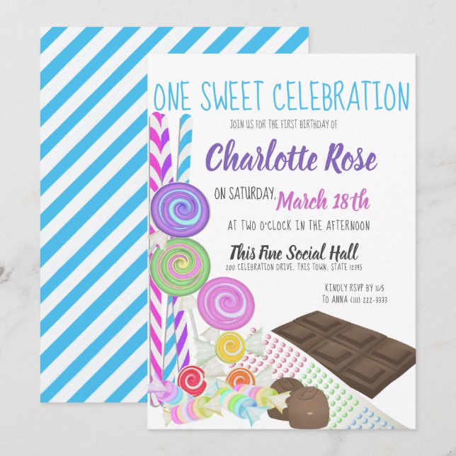 Candy Sweet First Birthday Party Invitation (Front/Back)