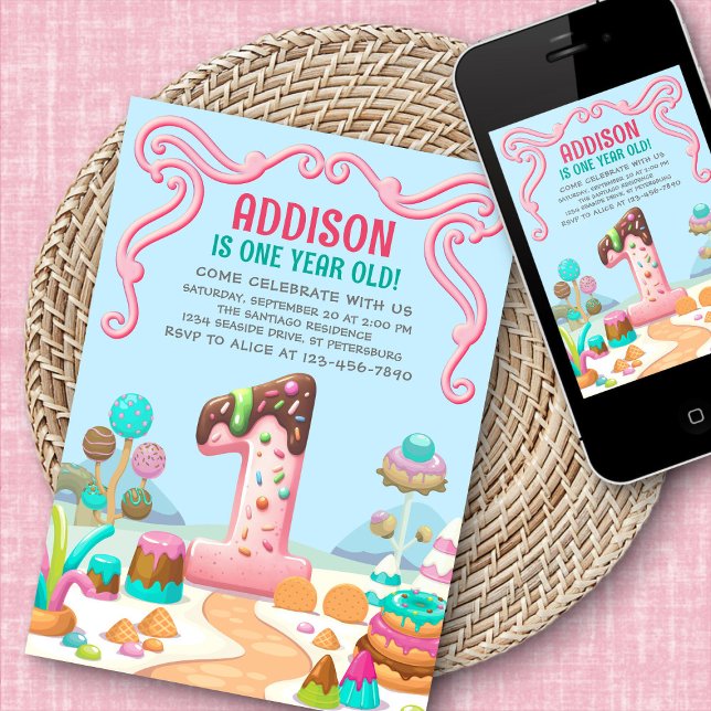 Candy Sweet Girl's Candyland 1st Birthday Invitation (Creator Uploaded)