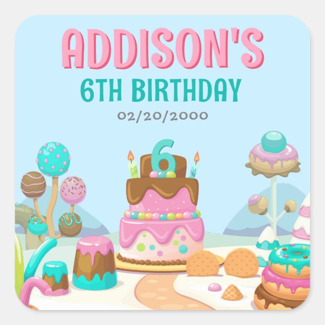 Candy Sweet Girl's Candyland Birthday Square Sticker (Front)