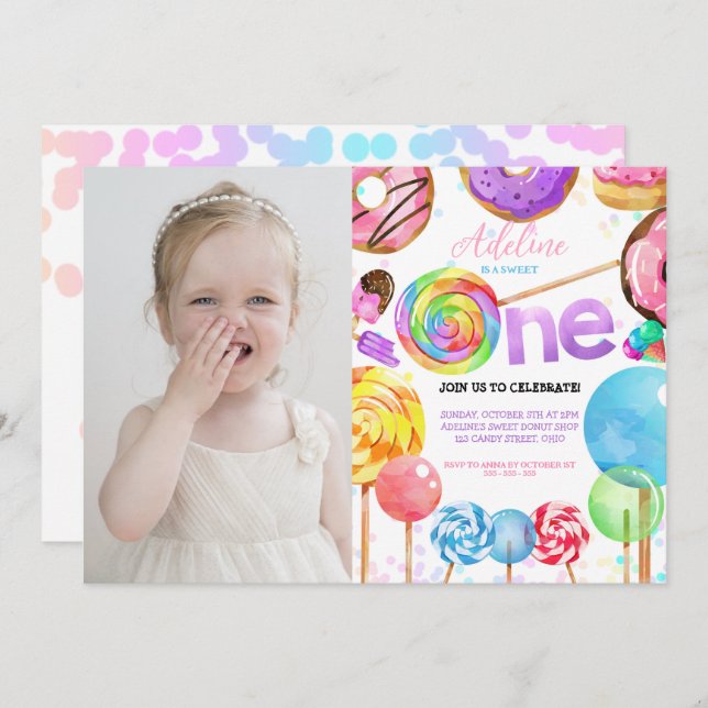 Candy Sweet One 1st Birthday Girl Cute Colourful Invitation (Front/Back)