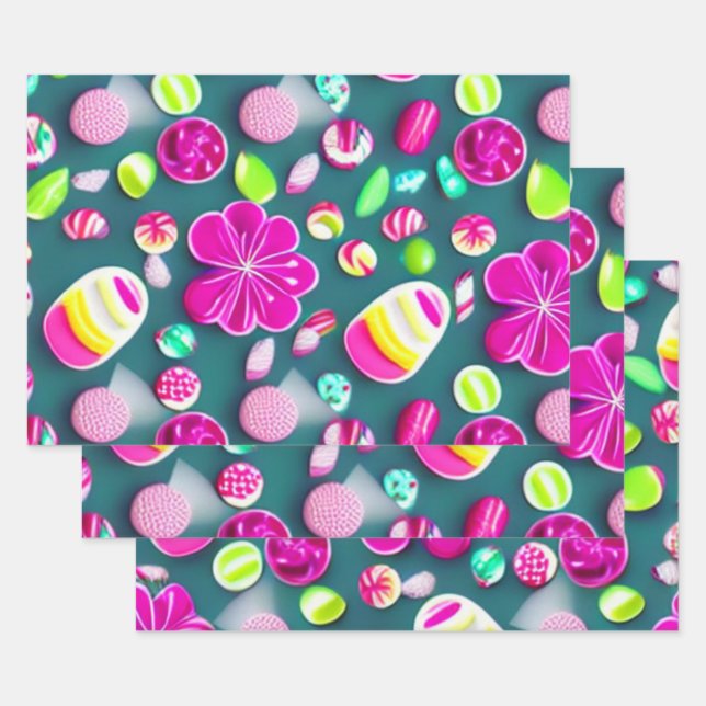 Candy Sweet pink green white multiple candies Wrapping Paper Sheet (Set)