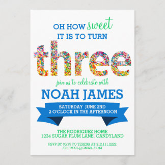 Candy Theme 3rd Birthday Party Sprinkles BLUE Invitation