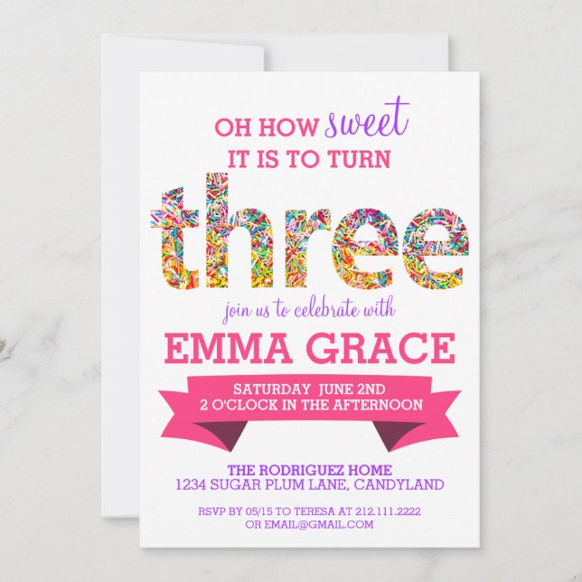 Candy Theme 3rd Birthday Party Sprinkles Invite (Front)