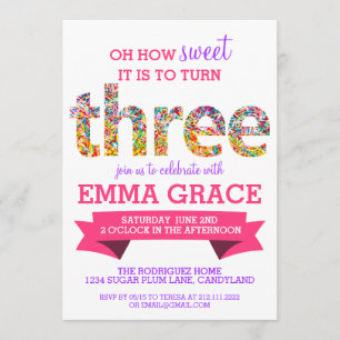 Candy Theme 3rd Birthday Party Sprinkles Invite