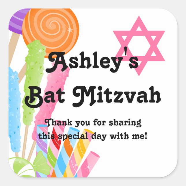 Candy Theme Bat Mitzvah Favour Square Sticker (Front)
