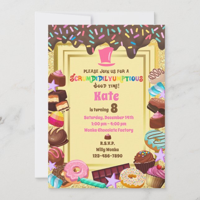 Candy theme, chocolate, food, doughnuts, rainbow invitation (Front)