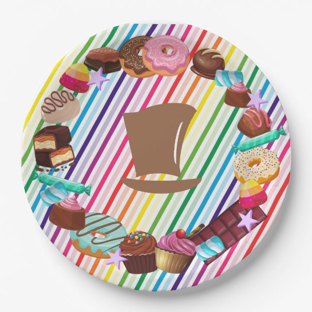 Candy theme, chocolate, food, doughnuts, rainbow p paper plate (Front)