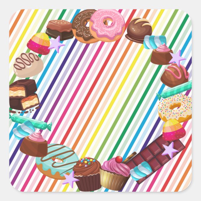 Candy theme, chocolate, food, doughnuts, rainbow p square sticker (Front)