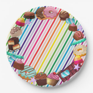 Candy theme, chocolate, golden ticket, rainbow  paper plate