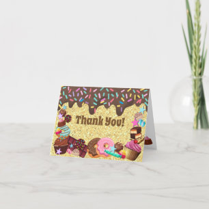 Candy theme, chocolate, pink blue sprinkles  thank you card