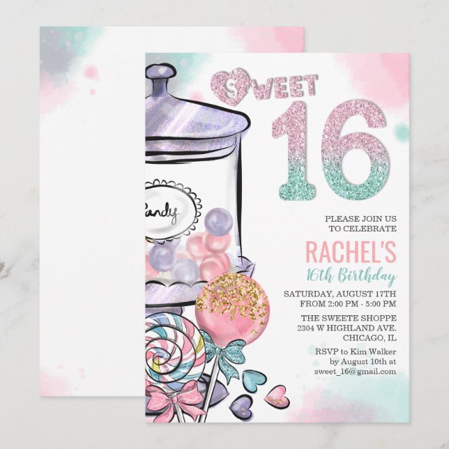 Candy Theme Sweet 16 Birthday Invitation (Front/Back)