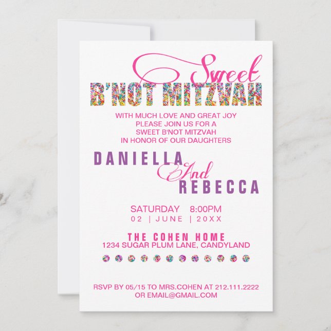 Candy Theme Sweet B'NOT MITZVAH Joint Party Invitation (Front)