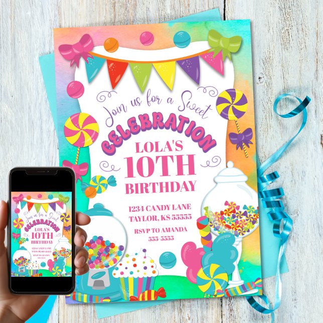Candy Themed Girl's Colourful Rainbow Birthday Invitation (Candy Themed Girl's Colorful Rainbow Birthday Invitation
)