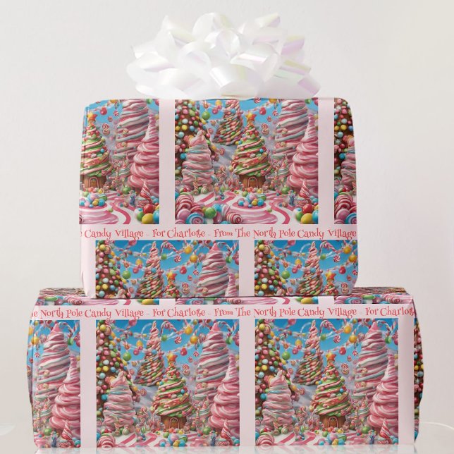 Candy Village Add Girl's Name Pink Christmas Wrapping Paper (Creator Uploaded)