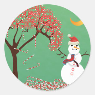 Candycane Tree with Snowman Classic Round Sticker