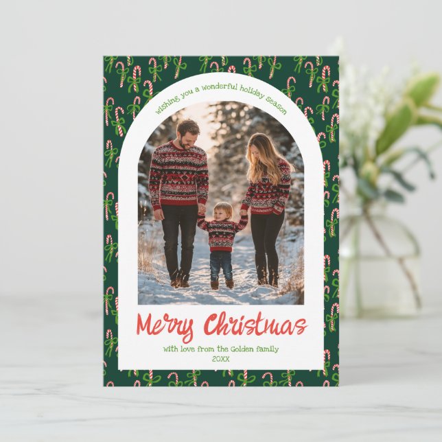 Candycanes Bows Cute Christmas Custom Arch 5 Photo Holiday Card (Standing Front)