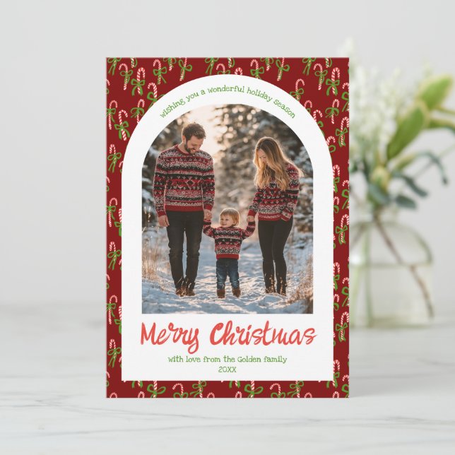 Candycanes Bows Cute Christmas Custom Arch 5 Photo Holiday Card (Standing Front)