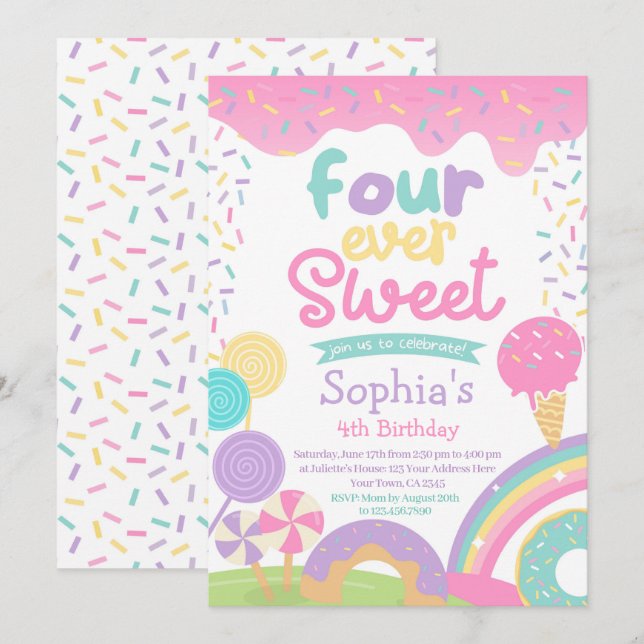 Candyland and Ice Cream Four Ever Sweet Birthday Invitation (Front/Back)