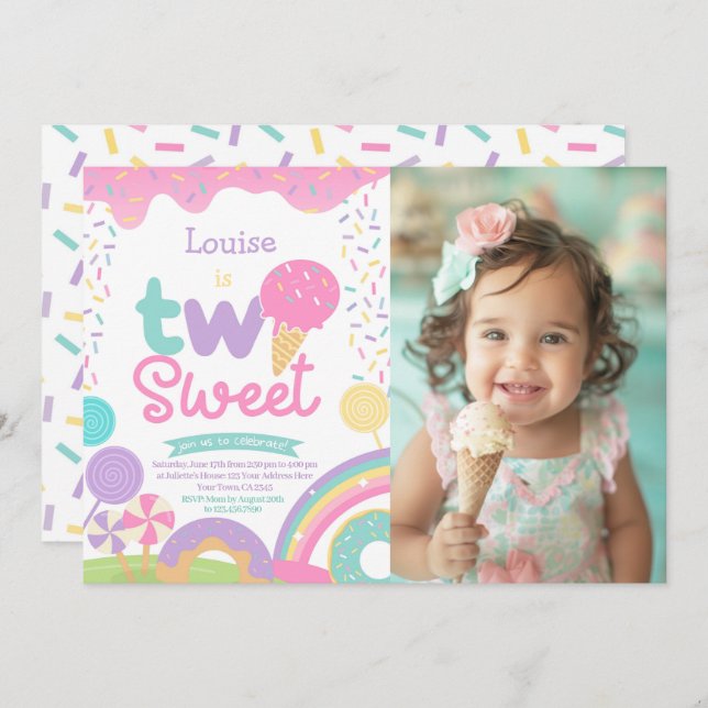 Candyland and Ice Cream, Two Sweet 2nd Birthday Invitation (Front/Back)
