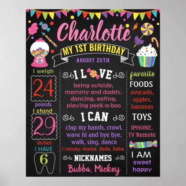 Candyland Candy Candies Birthday chalkboard Poster (Front)
