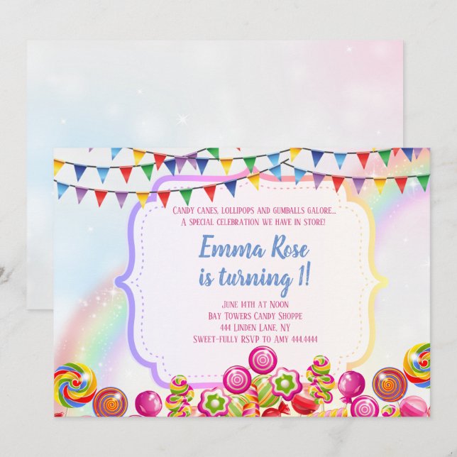 Candyland candy theme birthday party invitation (Front/Back)