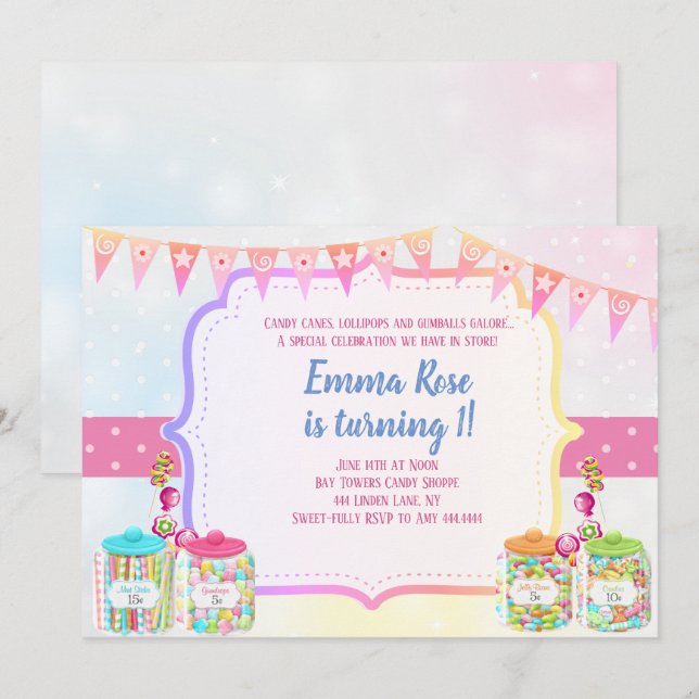 Candyland candy theme birthday party invitation (Front/Back)