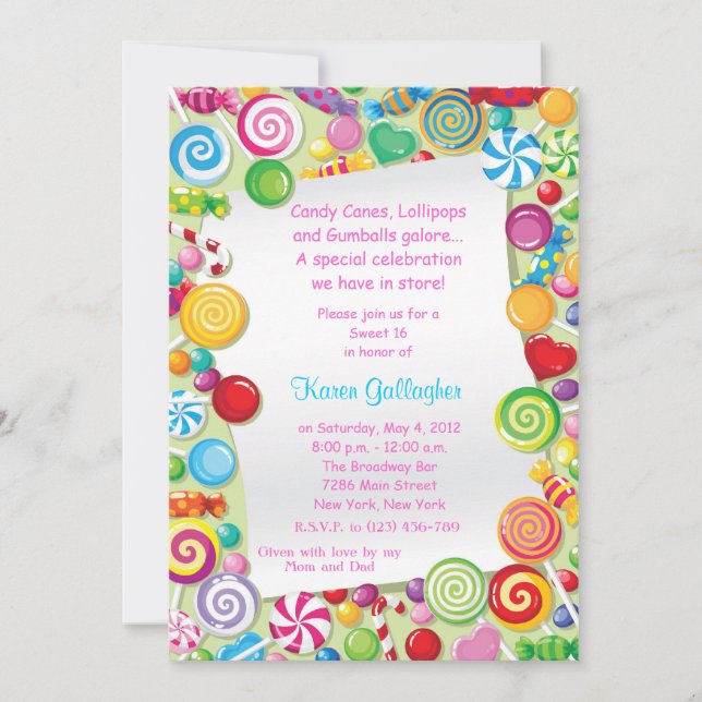 Candyland candy Theme Sweet 16 Invite (Front)