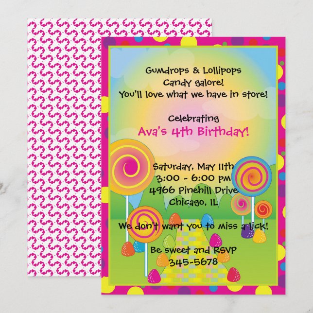 Candyland : Pink Sugary Sweet Lollipops Candy  Invitation (Front/Back)