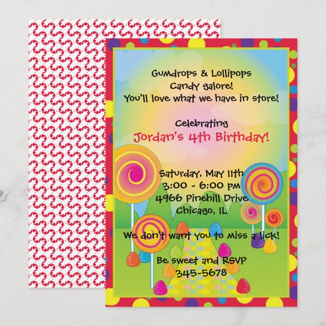Candyland : Red Sugary Sweet Lollipops Candy  Invitation (Front/Back)